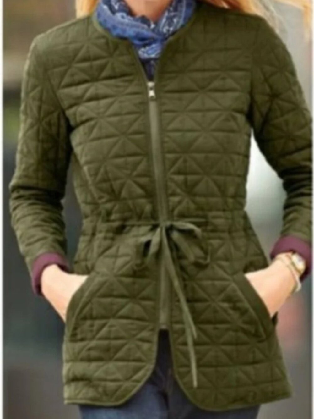 Signature Weekend Quilted Collarless Jacket, Cinch-Tie Waist - Womens Medium